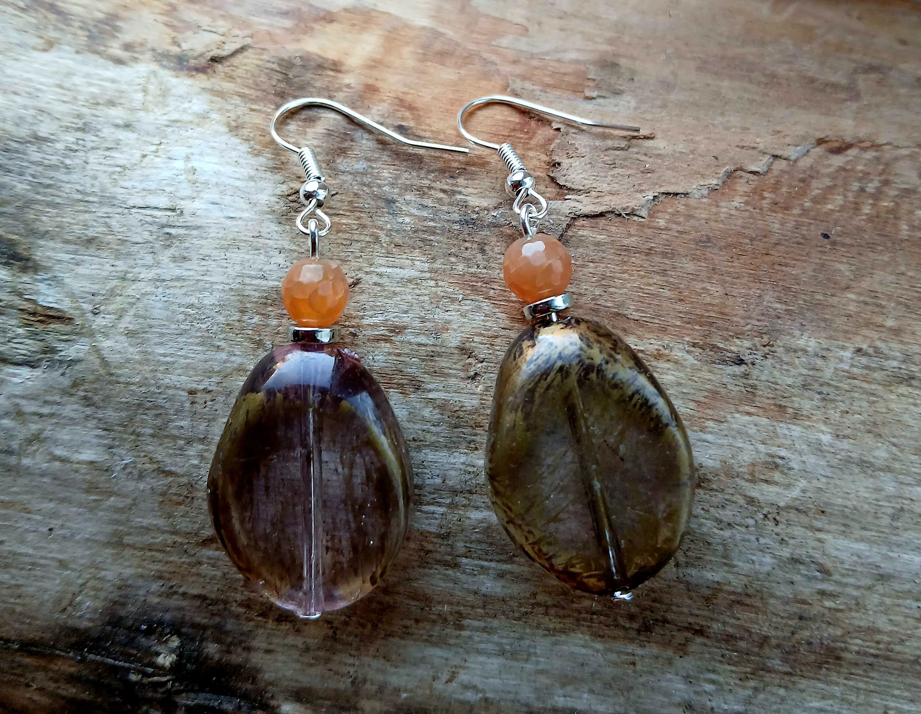 Smoky glass and carnelian earrings